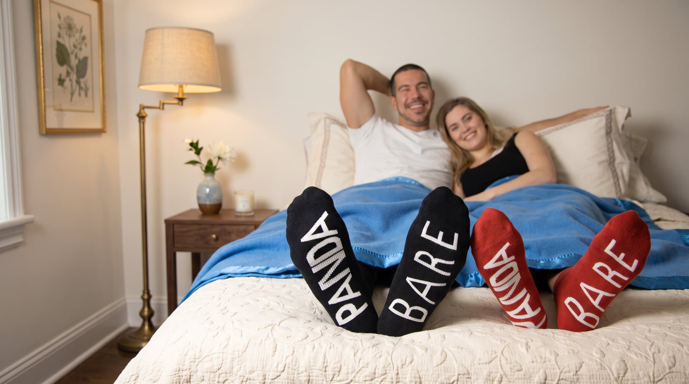 Couple relaxing in bed wearing PandaBare bamboo socks