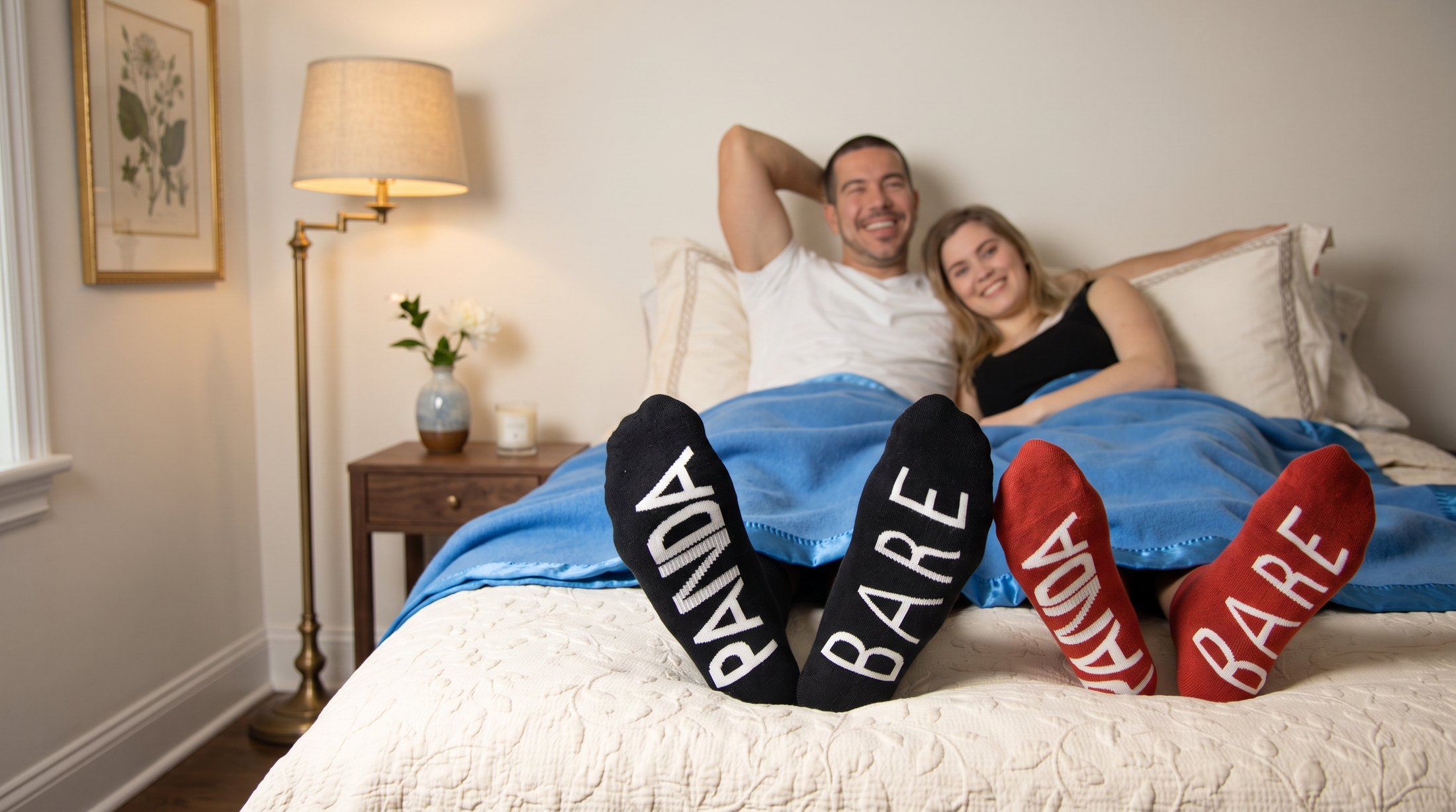 Couple relaxing in bed wearing PandaBare bamboo socks